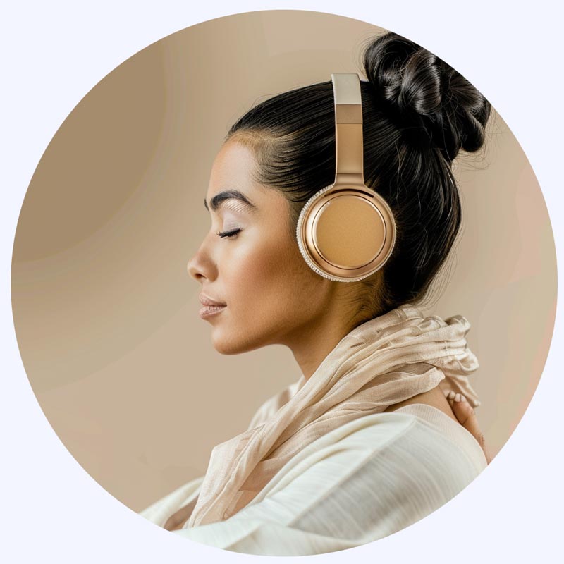 A person with long dark hair in a bun, wearing gold headphones, closes their eyes in meditation and appears relaxed. They are dressed in a light, flowing scarf and top against a neutral background.