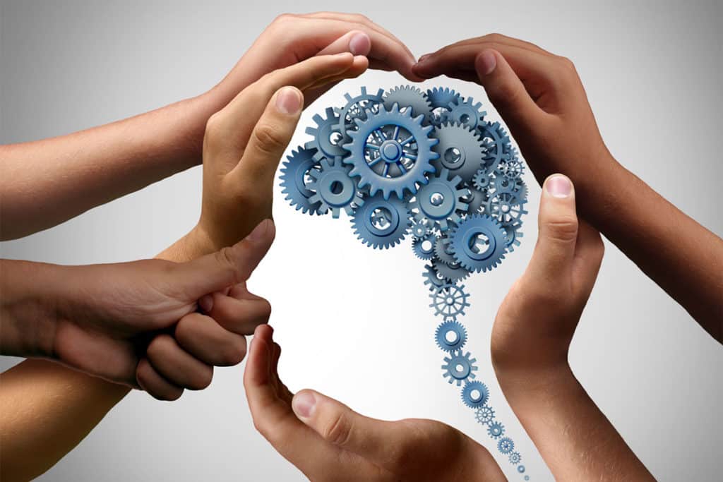 Hands of diverse skin tones form the shape of a human head filled with interlocking gears, symbolizing collaboration and the mechanics of thought. This imagery highlights the path of learning, with a gradient gray background emphasizing the hands and gears.