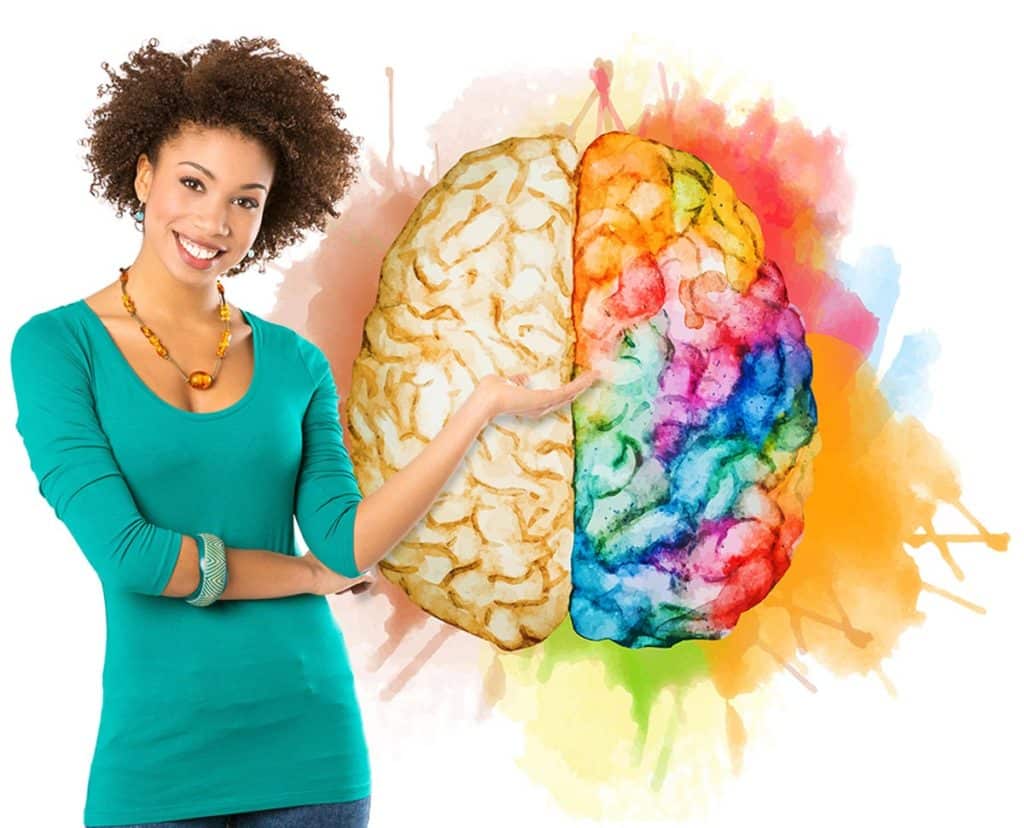 A woman in a teal shirt stands smiling with one hand raised, presenting an illustration of a brain. The left side of the brain appears brown and textured, while the right side is colorful and abstract, symbolizing creativity.