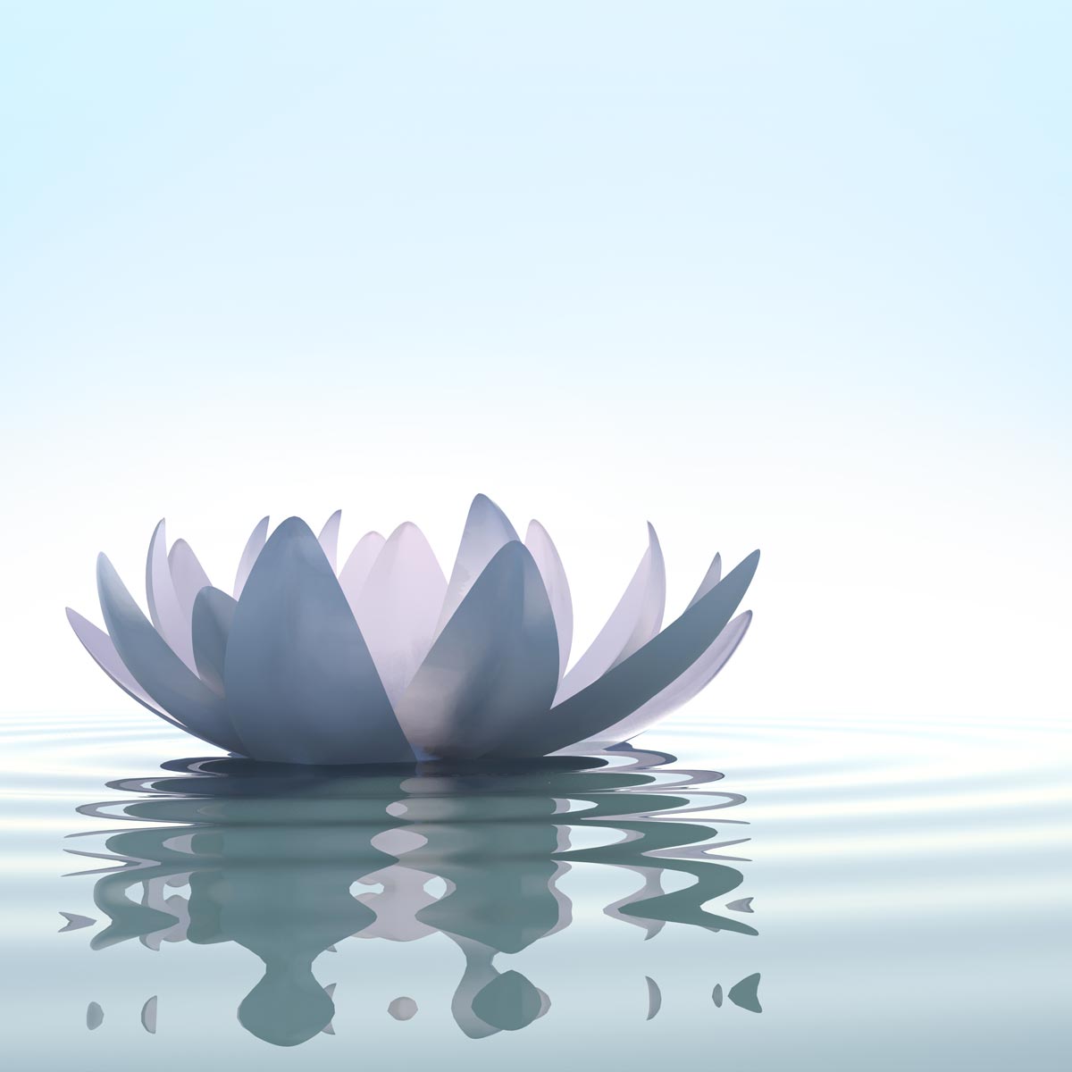 A serene image of a pale lavender lotus flower floating gently on calm water, reflecting its petals. The background is a soft gradient of light blue sky, cultivating a tranquil and peaceful atmosphere with an inherent sense of good.