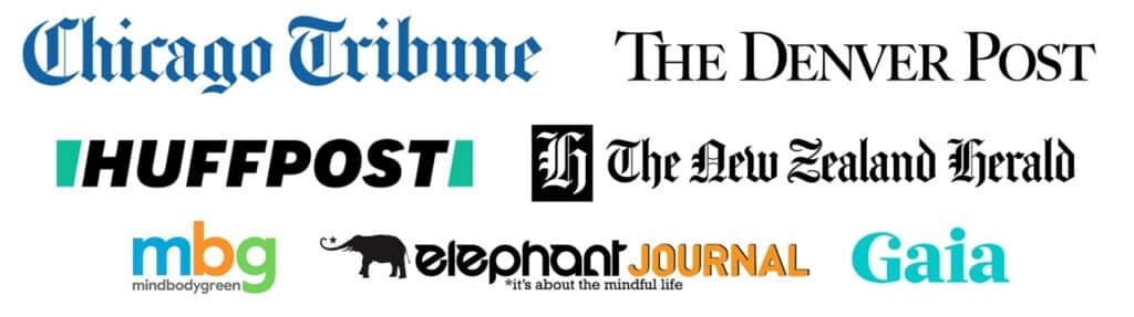 Logos of various publications: Chicago Tribune, The Denver Post, HuffPost, The New Zealand Herald, mbg mindbodygreen, elephant JOURNAL, and Gaia, arranged on a white background.