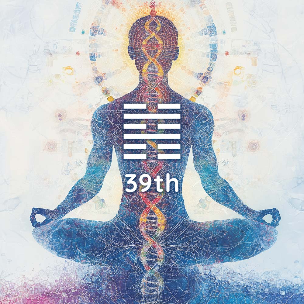 A silhouette of a person meditating with legs crossed, surrounded by colorful abstract patterns. A DNA helix is visible along the spine. In front, a series of lines and the text "39th" are displayed. The background is light and textured.