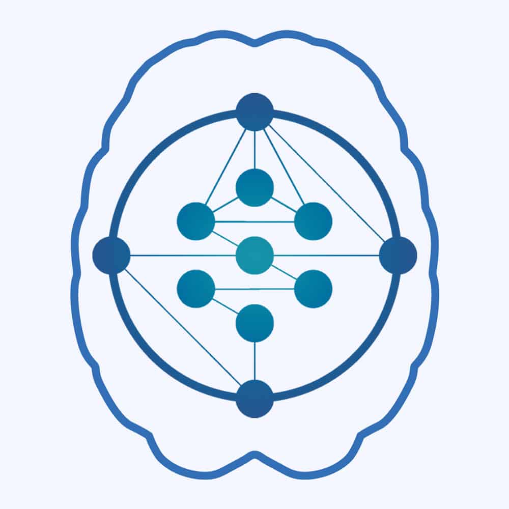 Abstract image of a brain outline with interconnected blue nodes forming a network inside, suggesting neural connections or a neural network concept, on a light background. The serene arrangement evokes thoughts of meditation and mental clarity.