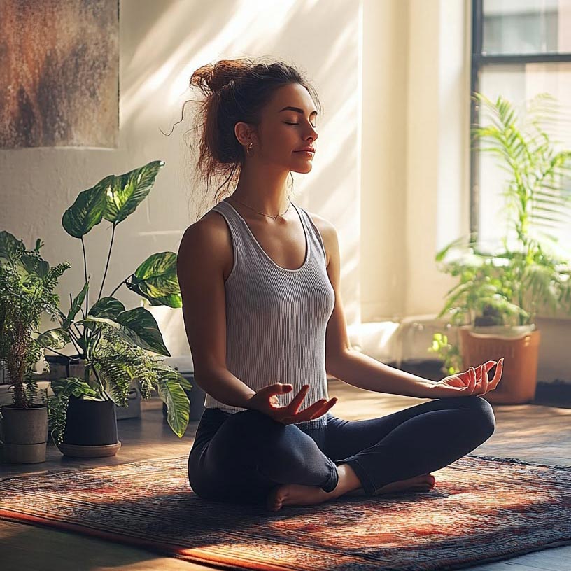 A person is meditating in a sunlit room, sitting cross-legged on a patterned rug. They wear a light tank top and dark pants. Green potted plants surround them, and sunlight filters through a window, creating a serene atmosphere.