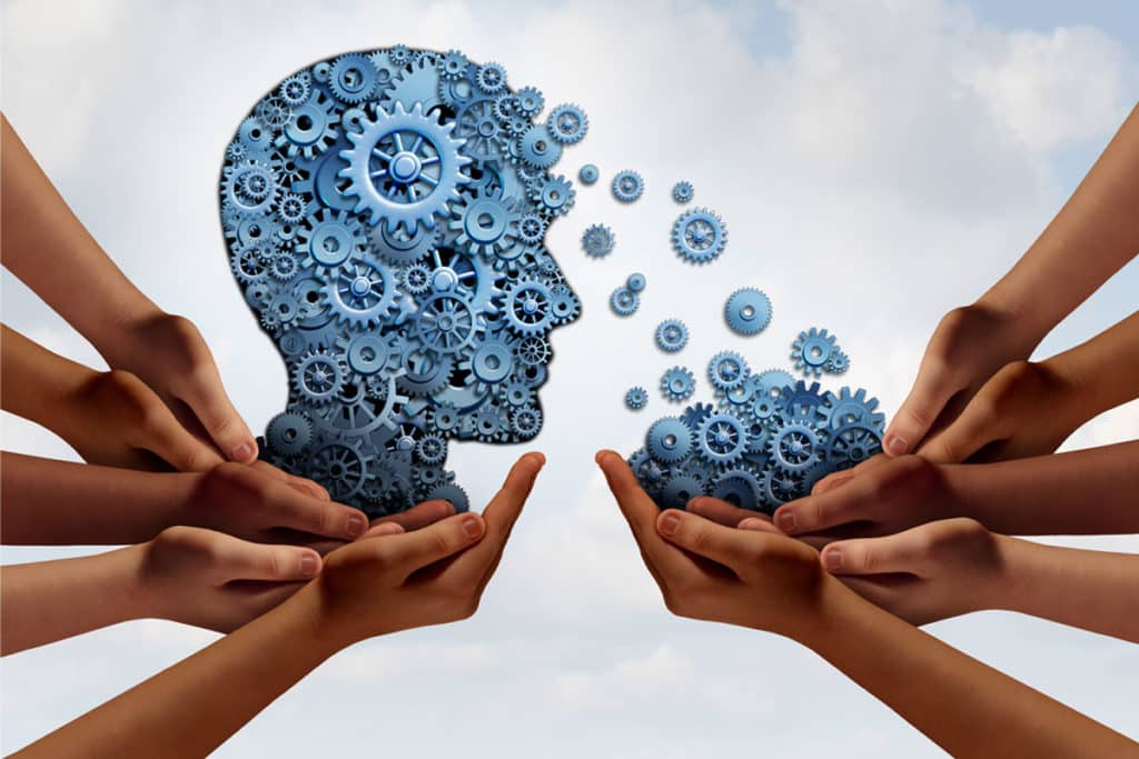 Illustration of a human head silhouette made of blue gears, symbolizing a beginner's learning path. Gears flow into open hands below, with multiple hands surrounding the scene to emphasize collaboration and knowledge transfer against a cloudy sky backdrop.