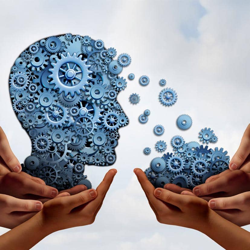 Silhouette of a human head made of interlocking gears, representing an intermediate learning path. Gears flow into open hands, while others reach toward the head against a cloudy sky background, symbolizing Neurosculpting and the sharing of ideas and knowledge.