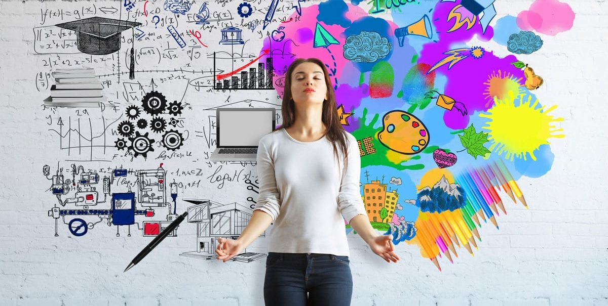 A woman stands in front of a wall divided into two halves. The left side displays sketches of scientific formulas and graphs. The right side bursts with vibrant, colorful artistic elements. She is in a meditative pose, eyes closed, exuding calmness.