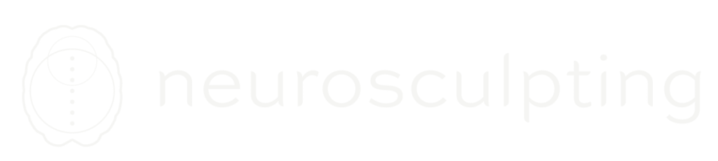 White "neurosculpting" text on a transparent background with an abstract brain-like design to the left, inviting you to unlock your brain's potential and design your life.