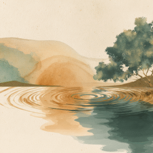Watercolor-style painting of a calm lake with circular ripples, a tree on the right, and distant hills in warm beige and green tones—an image evoking brain resilience, with reflections symbolizing the power of neurosculpting.