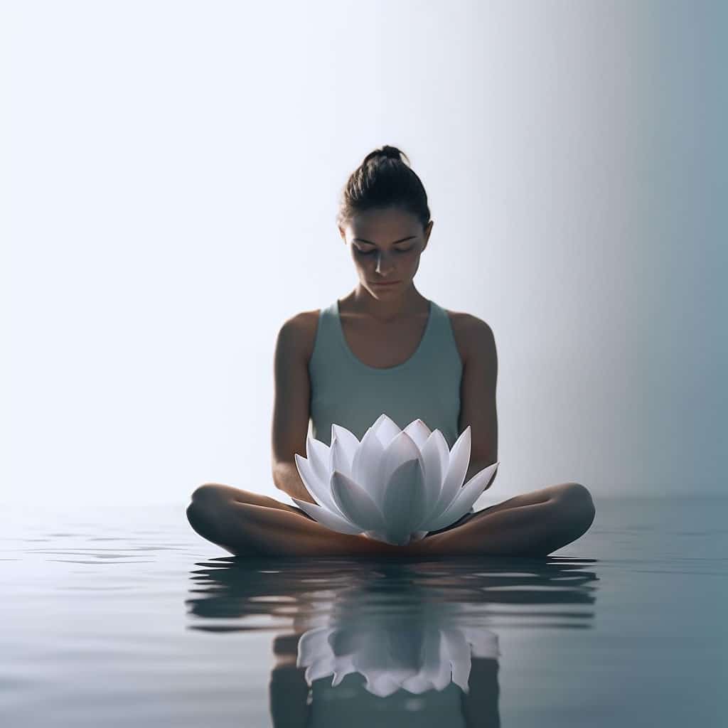 A person sits cross-legged on a calm reflective surface, holding a large illuminated lotus flower. Embodying true relaxation, the background is a soft gradient, and the individual appears peaceful and focused, immersed in mindfulness.