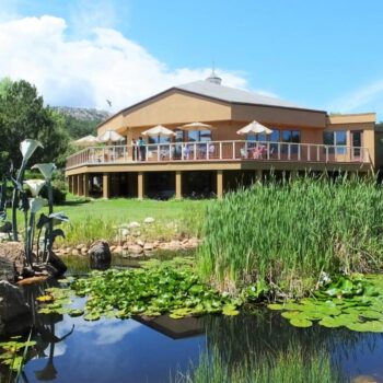 A modern, beige, octagonal building with large windows and a wooden deck stands amidst a lush garden, offering a space for deep transformation. Tall grasses, lily pads, and a small pond create tranquility. Umbrellas shade the deck as mountains rise in the background under a blue sky.