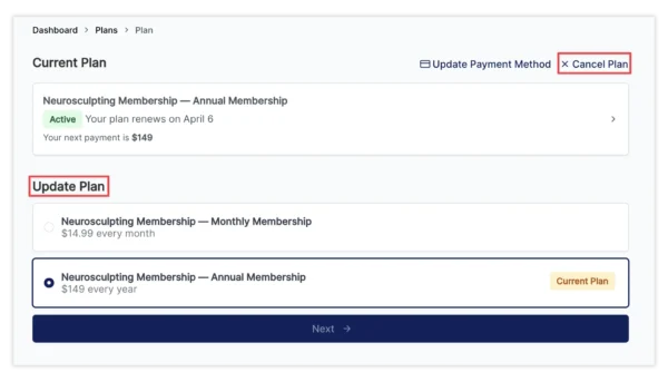 Screenshot of a subscription page showing “Neurosculpting Membership—Annual Membership” as the current plan. Options to update or cancel the plan are visible. Monthly membership selection is also shown.