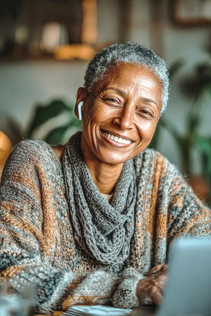 Smiling older woman with short gray hair wearing a cozy sweater and scarf sits indoors, looking at a laptop. She has wireless earbuds in and appears relaxed and happy.