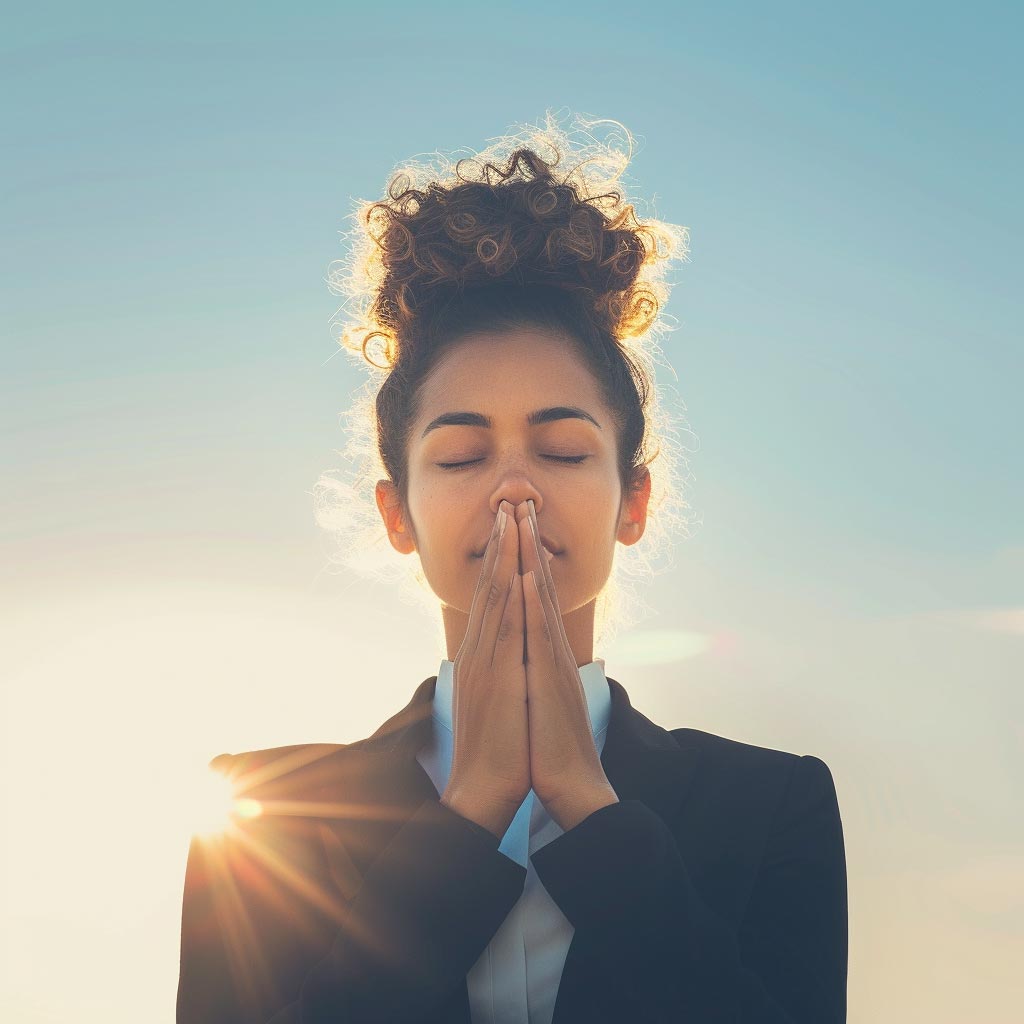 A person with curly hair tied up stands outside, the sun shining behind them. In a dark jacket, they have their eyes closed and hands pressed together, embodying the calm and peaceful essence of meditation.