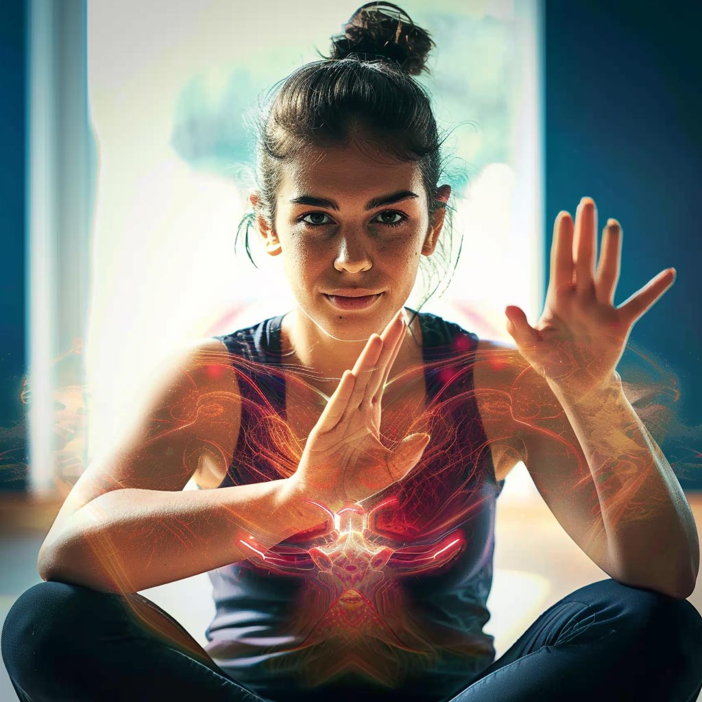 A person sits cross-legged indoors, wearing a dark tank top. They have one hand raised with glowing light effects emanating from their chest, evoking a sense of mystical energy and neuroplasticity at work. The background is softly blurred.